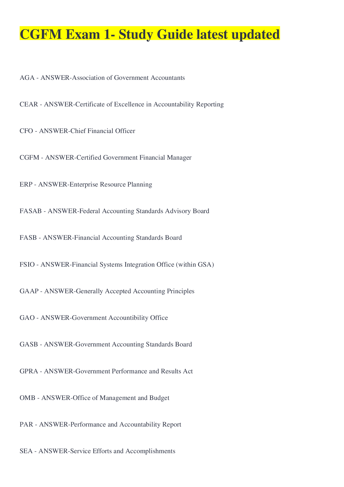 Preview image for CGFM Exam 1- Study Guide latest updated